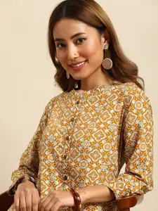 Sangria Women Mustard Yellow & Blue Printed Kurta