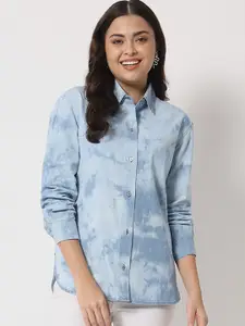 Orchid Hues Women Blue Printed Cotton Casual Shirt