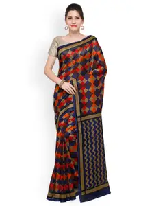 Saree mall Navy Blue & Beige Art Silk Printed Bhagalpuri Saree