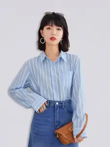 JC Collection Women Blue & White Striped Polyester Casual Shirt