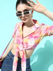 Dressberry Floral Printed Shirt Style Crop Top
