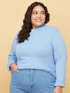max Women Plus Size Blue Ribbed Pullover Sweater