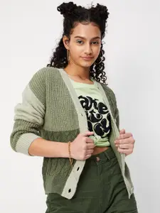 max Women Olive Green & Off White Colourblocked Cardigan Sweater