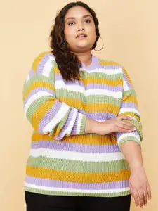 max Women Plus Size Purple & White Striped Pullover Sweater