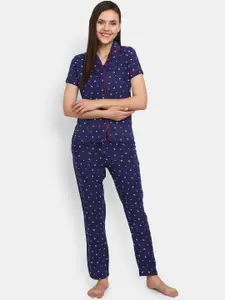 V-Mart Women Blue & White Printed Pure Cotton Night suit