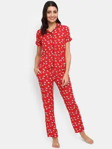 V-Mart Women Red & White Printed Night Suit