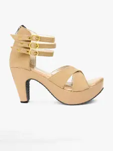 Glitzy Galz Beige Block Heels with Buckles