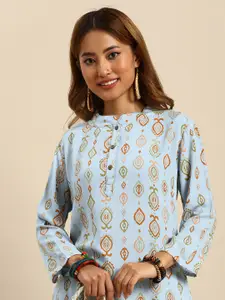 Sangria Women Blue & Green Geometric Printed Crepe Kurta