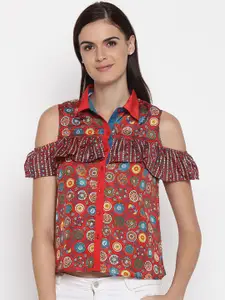 AKKRITI BY PANTALOONS Women Red & Teal Blue Regular Fit Printed Casual Shirt
