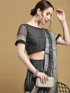 Satrani Grey & Gold-Toned Printed Zari Saree