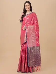 Mitera Pink & Blue Zari Silk Cotton Banarasi Saree