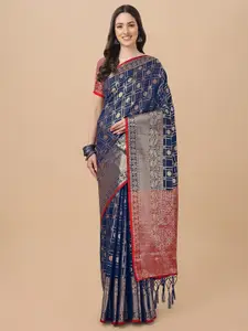Mitera Navy Blue & Red Zari Silk Cotton Banarasi Saree