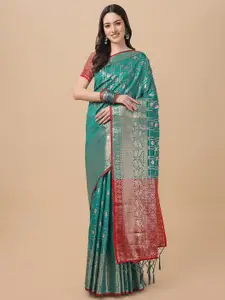Mitera Teal & Red Zari Silk Cotton Banarasi Saree
