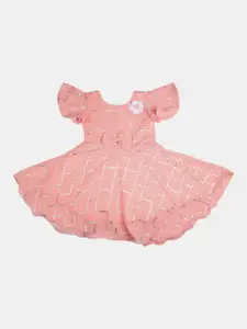 V-Mart Girls Peach-Coloured Checked Cotton Dress