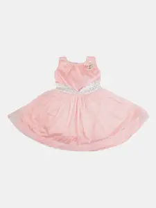 V-Mart Girls Peach Round Neck Fit and Flare Cotton Dress