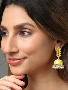 SOHI Yellow & White Gold-Plated Floral Jhumkas Earrings
