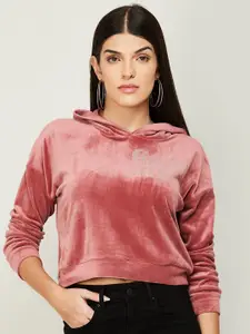 Ginger by Lifestyle Women Pink Hooded Crop Sweatshirt