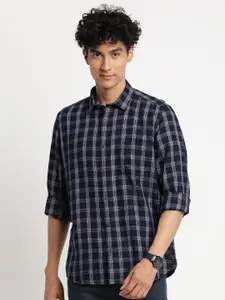 Turtle Men Navy Blue Relaxed Slim Fit Checked Cotton Casual Shirt