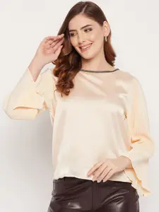 Madame Woman Beige Solid Flared Sleeve Satin Top