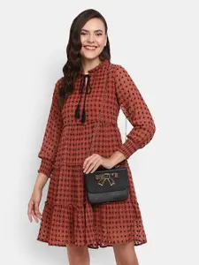 V-Mart Rust Geometric Self Design Tie-Up Neck A-Line Cotton Dress