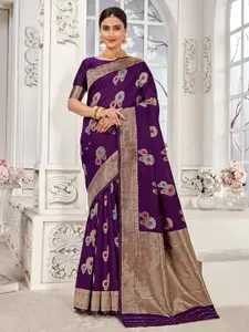 MONJOLIKA FASHION Purple & Gold-Toned Floral Zari Silk Blend Banarasi Saree