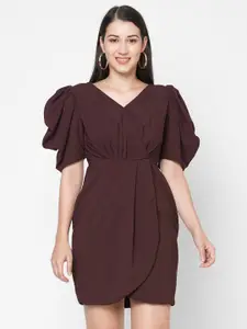 MISH Women Brown Solid Puff Sleeves Wrap Dress