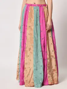 studio rasa Women Pink & Blue Sequin Embroidered Maxi Flared Skirts