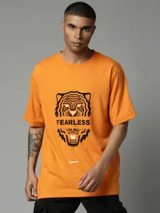 Breakbounce Men Orange Typography Printed Drop-Shoulder Sleeves Pure Cotton T-shirt