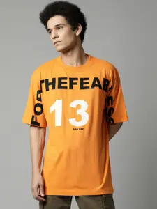 Breakbounce Men Orange Typography Printed Drop-Shoulder Sleeves Pure Cotton T-shirt