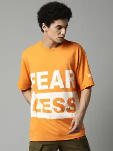 Breakbounce Men Orange Typography Printed Pure Cotton T-shirt