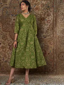 Shae by SASSAFRAS Women Green Floral Printed Anarkali Midi Ethnic Dresses