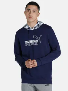 Puma Men Navy Blue Core Camo Graphic Printed Hooded Sweatshirt