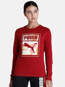 Puma Women Red Graphic Crew Print Cotton Pullover Regular Fit Sweatshirt