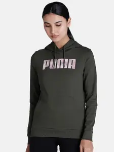 Puma Women Olive Green Printed Hooded Regular Fit Sweatshirt