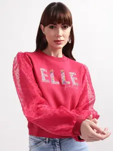 ELLE Women Coral Self Design Cotton Round Neck Sweatshirt