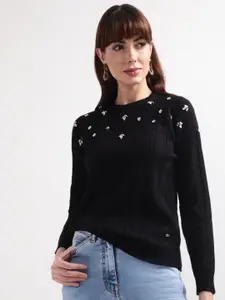 ELLE Women Black & White Self Design Cotton Round Neck Pullover