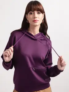 ELLE Women Purple Solid Hooded Sweatshirt