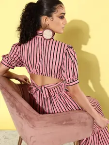 Dressberry Striped Puff Sleeve Shirt Style Midi Dress