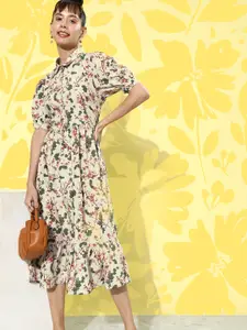 Dressberry Pastel Green Floral Puff Sleeve Vacay Chill Sundress A-Line Midi Dress