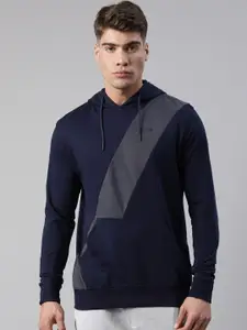 FILA Men Navy Blue & Grey Colourblocked Hooded Aron Sweatshirt