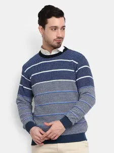 V-Mart Men Grey Striped Fleece Sweatshirt