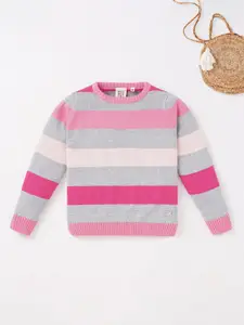 Ed-a-Mamma Girls Pink & Grey Striped Cotton Round Neck Pullover