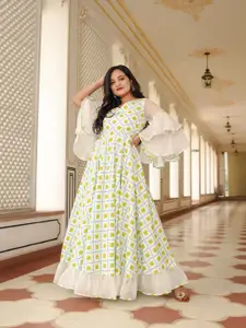 Indian Virasat White & Lime Green Printed Ethnic Cotton Maxi Dress