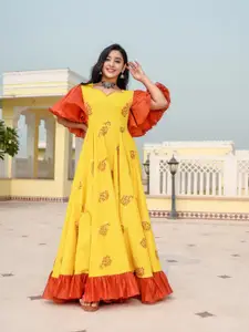 Indian Virasat Yellow & Red Floral Ethnic Cotton Maxi Dress
