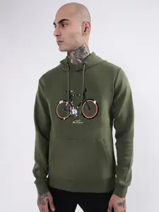 BEN SHERMAN Men Olive Green Printed Hooded Sweatshirt