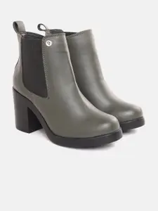 Carlton London Women Olive Green Solid Mid-Top Block Heel Chelsea Boots