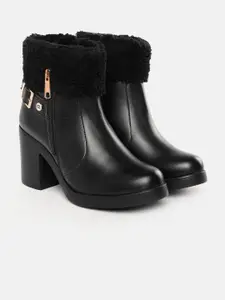 Carlton London Women Heeled Boots with Faux Fur Trim and Buckle Detail