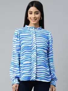 plusS Women Blue Horizontal Striped Casual Shirt