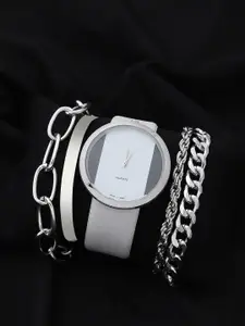 HAUTE SAUCE by  Campus Sutra Women White Leather Watch & Bracelet Gift Set AW22_HSWB5031