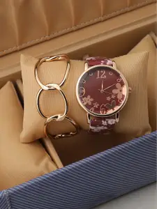 HAUTE SAUCE by  Campus Sutra HAUTE SAUCE by Campus Sutra Women Brown & Rose Gold Floral Watch Gift Set AW22_HSWB5039